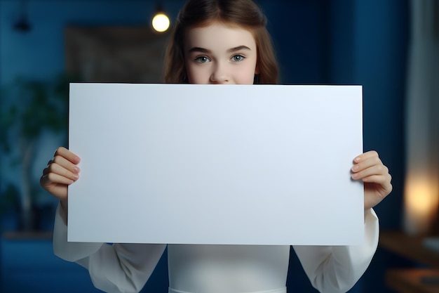 Mulher jovem sorridente segurando uma placa em branco na frente de seu rosto para fácil personalização Generative AI