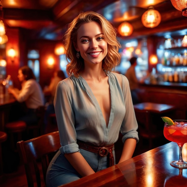 Foto mulher jovem sorridente sentada em um bar com um coquetel de luxo