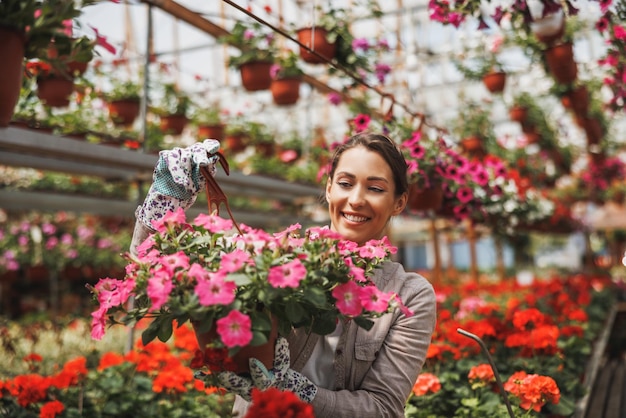 Mulher jovem sorridente trabalhando em um jardim de flores, segurando vasos de flores e desfrutando de flores lindas e coloridas.