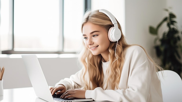 Mulher jovem sorridente usando fones de ouvido usando laptop cercada por luz natural suave em ambientes fechados