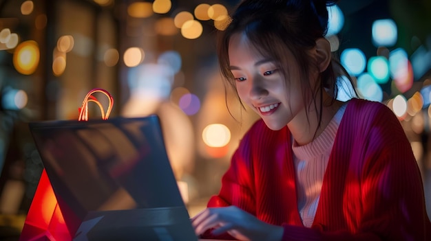 Mulher jovem sorridente usando laptop à noite na cidade iluminada