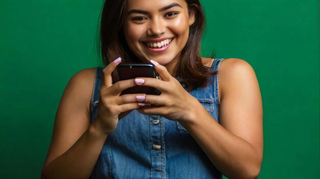 Mulher jovem sorridente usando telefone móvel contra fundo verde