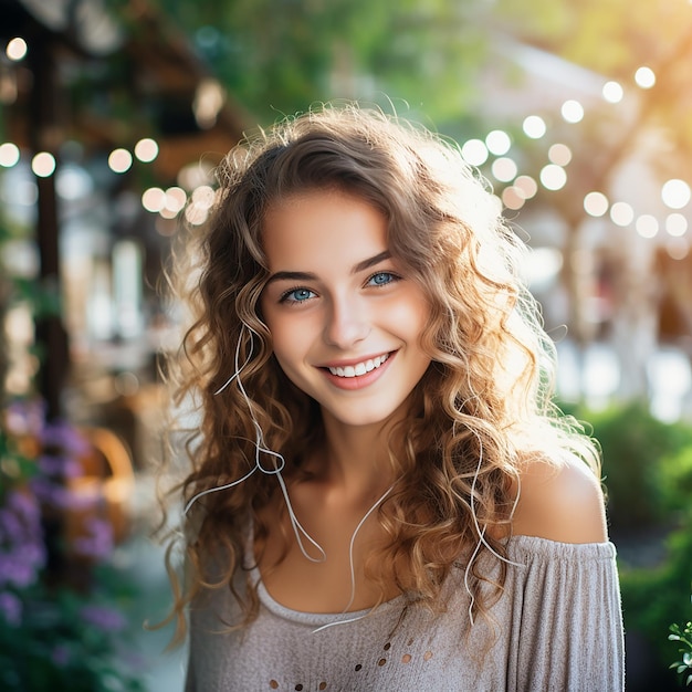 Mulher jovem sorrindo ao ar livre olhando para a câmera