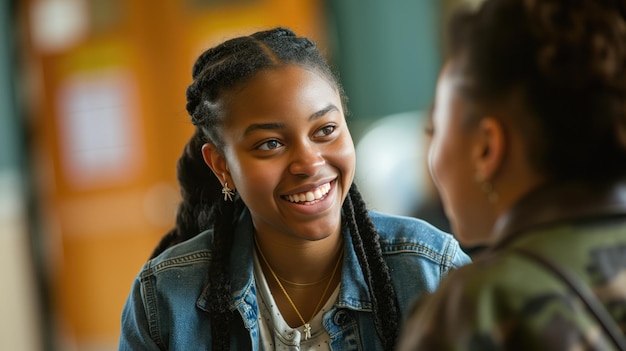 Mulher jovem sorrindo em conversa com um amigo