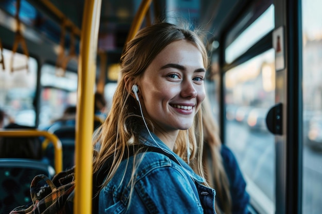 Mulher jovem sorrindo enquanto está sozinha em um ônibus ouvindo música em um smartphone