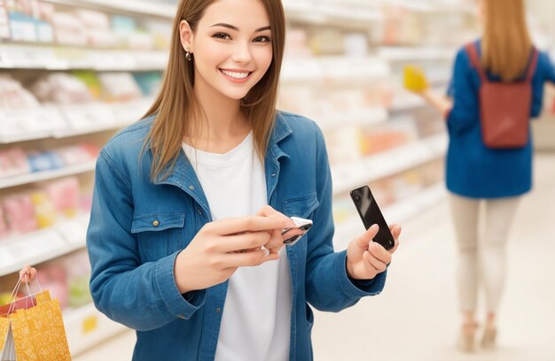 Mulher jovem sorrindo enquanto faz compras com smartphone