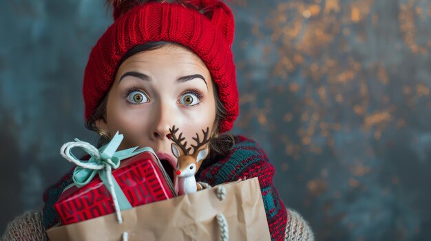 Foto mulher jovem surpreendida com chapéu vermelho segurando um saco de compras cheio de presentes de natal