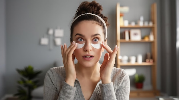 Foto mulher jovem surpreendida usa manchas hidratantes sob os olhos passa o tempo em casa tem pam diária