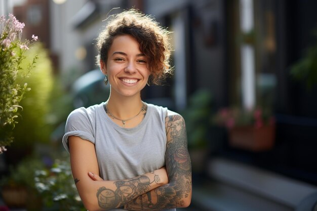 Foto mulher jovem tatuada irradiando positividade e confiança no sol