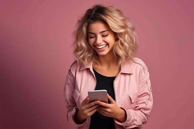 Foto mulher jovem tem um sorriso agradável e gosta de comunicação à distância usa telefone móvel