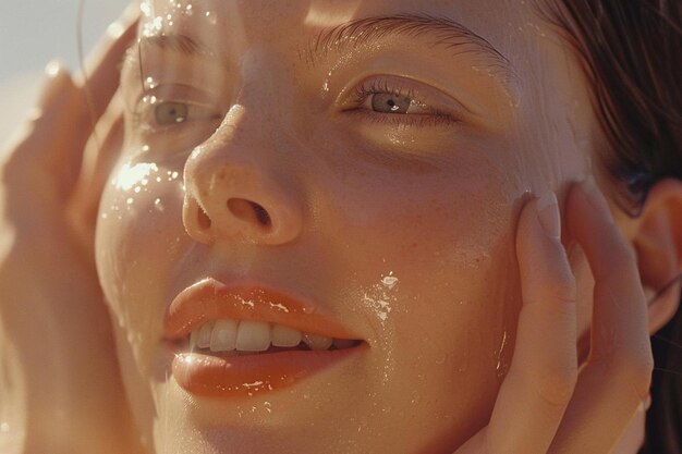 Foto mulher jovem toca pele facial limpa, hidratada e alimentada e sorri satisfeita.
