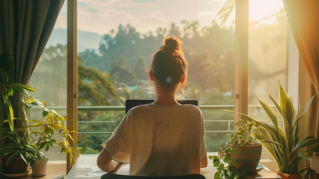 Mulher jovem trabalhando em casa olhando pela janela para a bela vista ela está sentada em sua mesa cercada de plantas
