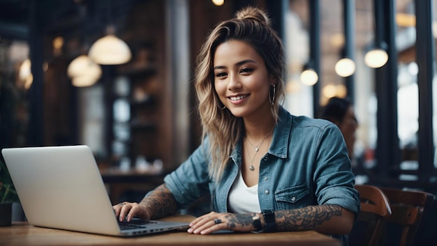 Mulher jovem trabalhando em laptop em um café sorrindo e olhando para a câmera Menina com tatuagem designer freelancer ou estudante trabalhando em laptop de computador na mesa