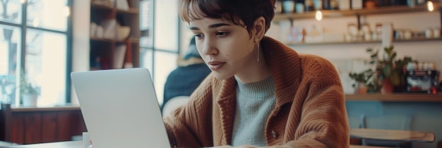 Mulher jovem trabalhando em laptop enquanto estava sentada em um banner de café