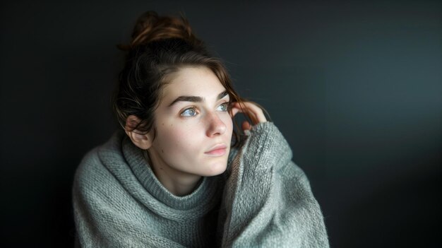 Foto mulher jovem triste com uma camisola cinzenta em um fundo escuro retrato