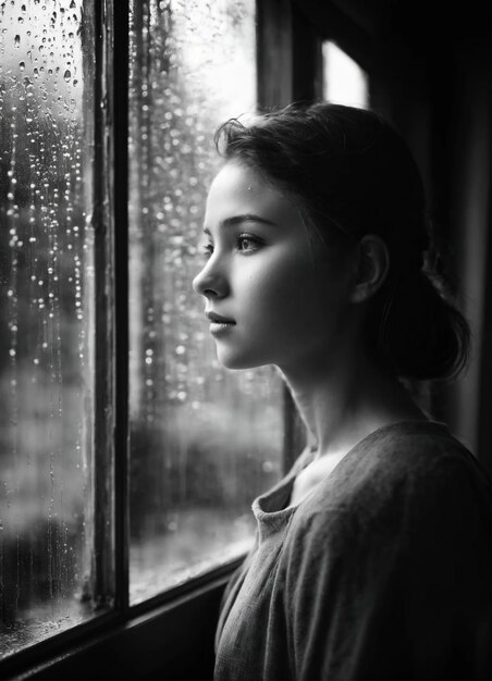 Mulher jovem triste de pé perto da janela na chuva preto e branco ai generativo