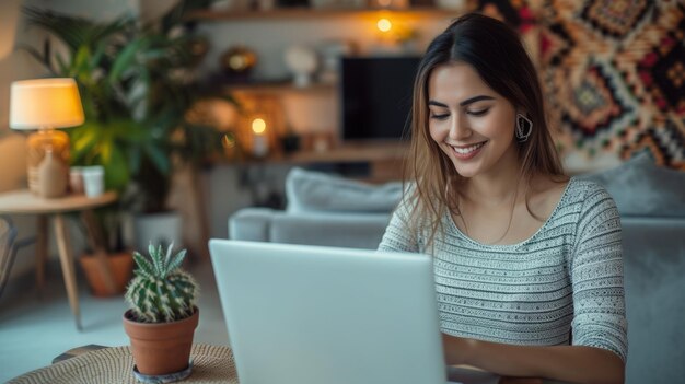 Foto mulher jovem usando laptop em casa