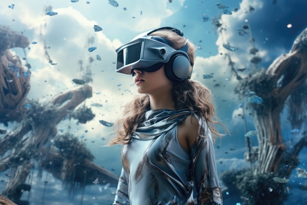 Mulher jovem usando óculos de realidade virtual Conceito de tecnologia futura Renderização 3D Uma menina em um capacete de realidade virtual em um mundo de fantasia virtual AI Gerado