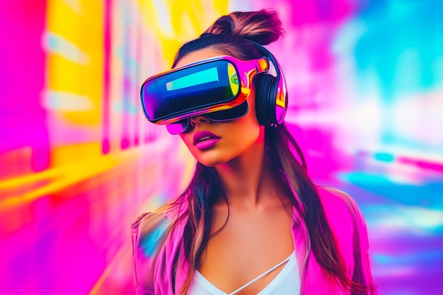 Mulher jovem usando óculos de realidade virtual em fundo de néon futurista Realidade Aumentada