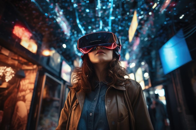 Mulher jovem usando óculos de realidade virtual na cidade à noite Conceito de tecnologia do futuro Uma pessoa usando óticos de realidade virtual imersa em um ambiente futurista de alta tecnologia AI Gerado