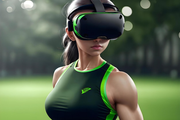 Mulher jovem usando óculos de realidade virtual no parque