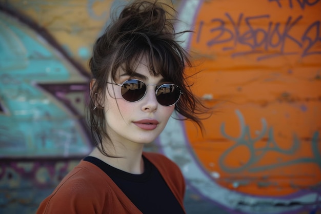 Mulher jovem usando óculos de sol posa em frente a uma foto de moda de graffiti vibrante