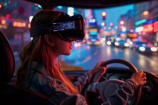 Foto mulher jovem usando óculos vr dirige um carro em um jogo de realidade virtual com uma grande tela e controles de volante em casa