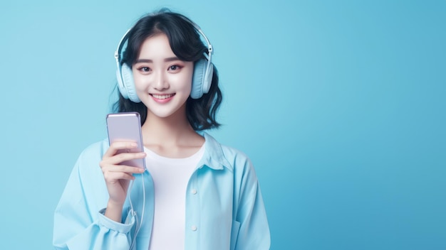 Mulher jovem usando smartphone para ouvir música com fones de ouvido