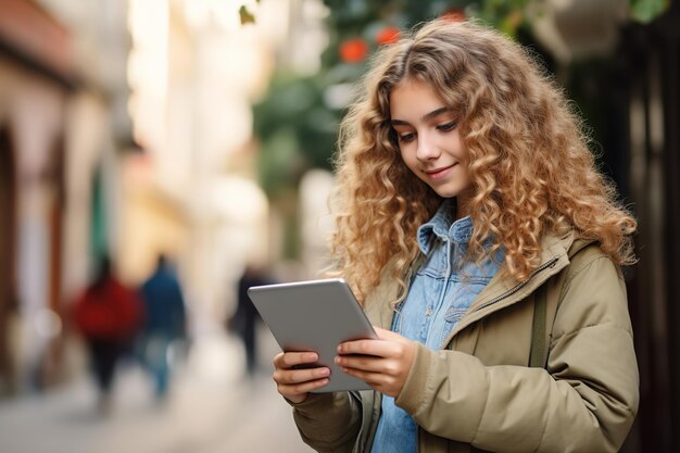 Mulher jovem usando tablet pc na rua