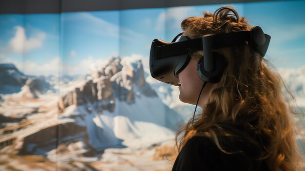 Foto mulher jovem usando um fone de ouvido de realidade virtual e explorando uma paisagem montanhosa coberta de neve