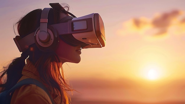 Foto mulher jovem usando um fone de ouvido de realidade virtual e fones de ouvido explorando o mundo digital com um pôr-do-sol brilhante ao fundo