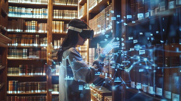 Mulher jovem usando um fone de ouvido VR e interagindo com uma interface digital em uma biblioteca