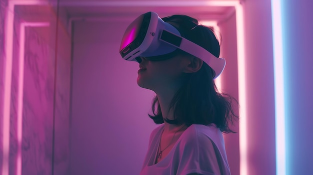 Mulher jovem usando um fone de ouvido VR Ela está de pé em uma sala com luzes de néon rosa e azul