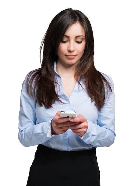 Foto mulher jovem, usando, um, telefone móvel