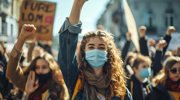 Mulher jovem usando uma máscara e levantando o punho em protesto Ela está de pé em uma multidão de pessoas que também estão usando máscaras e levantando os punhos
