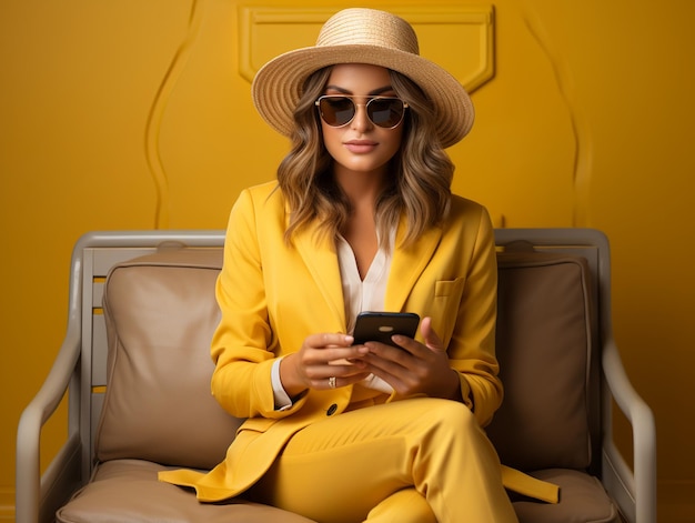 Foto mulher jovem vestindo roupas de verão sentada em uma cadeira usando um telefone celular em um fundo amarelo