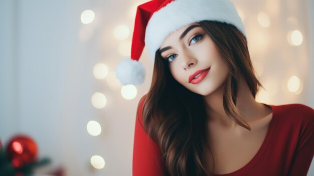 Mulher jovem vestindo um chapéu de Papai Noel