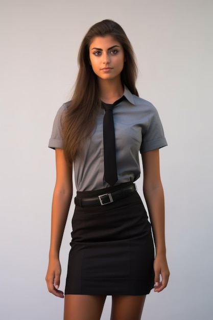 Mulher jovem vestindo uma blusa cinzenta, gravata preta e saia preta.