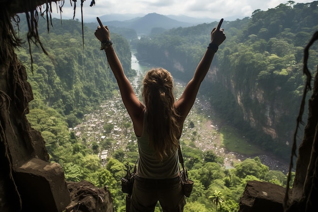 Mulher jovem viajante com uma mochila amarela em um penhasco apreciando a vista da montanha Viajante do conceito de esportes Estilo de vida ativo