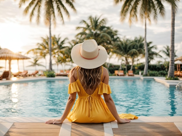 Mulher jovem viajante com vestido amarelo relaxando e desfrutando do pôr do sol por uma piscina de resort tropical