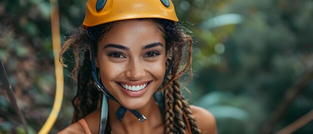 Mulher jovem ziplining através de denso dossel da floresta risos ecoando em excitação conceito aventura jovem mulher ziplining bosque dossel excitação