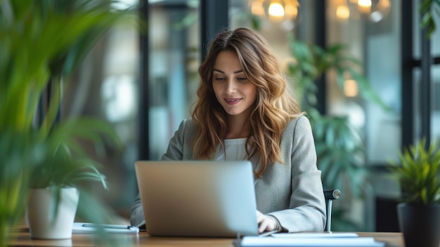 Mulher laptop trabalhando no escritório Bela jovem em roupas casuais usando laptop folha verde fundo desfocado