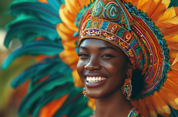 Mulher latina com chapéu de penas feliz