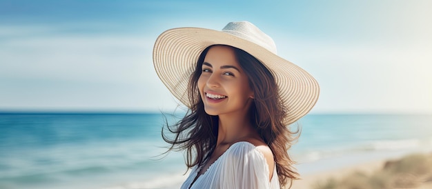 Mulher latina de férias curtindo a brisa do mar relaxa na praia com o mar atrás