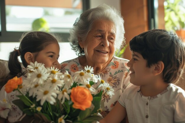 Mulher latina feliz recebe presentes de seus netos Crianças fazem uma surpresa de aniversário para sua avó Crianças pequenas dão à avó um cartão de presente e um buquê de flores