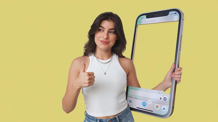 Foto mulher latina jovem de corpo completo ela usa camisa de tanque aponta o dedo indicador em grande tela enorme em branco telefone celular com área de trabalho copiar espaço área de maquete mostrar polegar para cima isolado em fundo amarelo simples