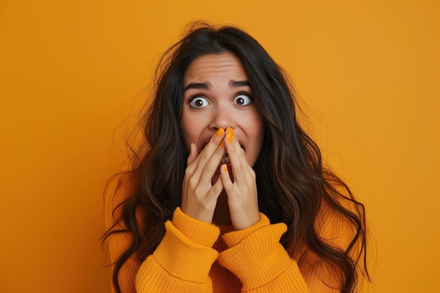 Foto mulher latina nervosa no estúdio com reação a fofocas em fundo laranja desculpe o erro e mulher sobrecarregada por notícias falsas