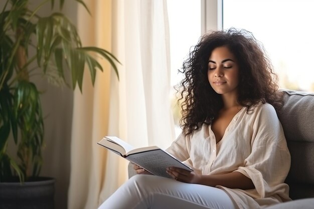 Mulher latina pensativa e relaxada lendo um livro em casa bebendo café sentada no sofá no espaço de cópia