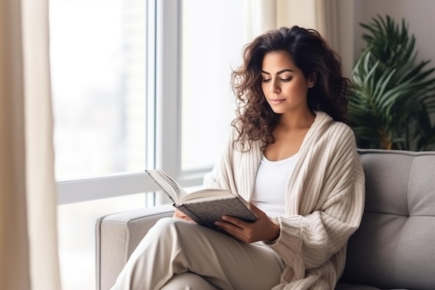 Mulher latina pensativa e relaxada lendo um livro em casa bebendo café sentada no sofá no espaço de cópia