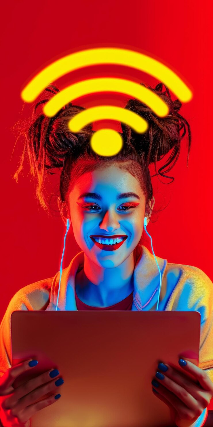 Foto mulher latina vibrante trabalhando remotamente com wi-fi generative ai